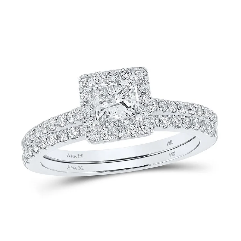 14kt White Gold Princess Diamond Halo Bridal Wedding Ring Band Set 1-1/4 Cttw