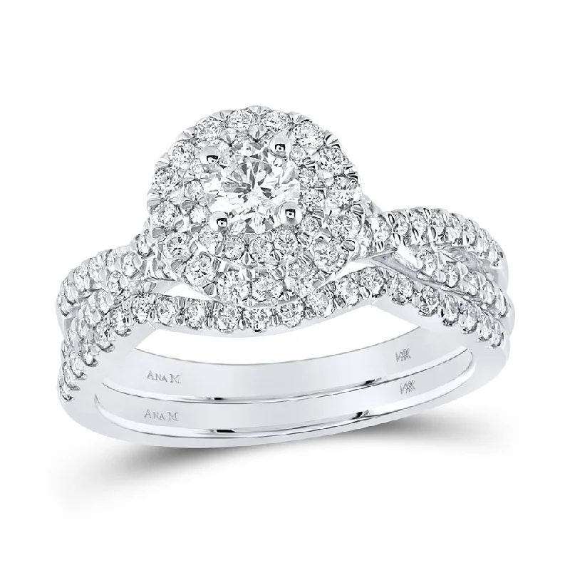 14kt White Gold Round Diamond Halo Bridal Wedding Ring Band Set 1 Cttw