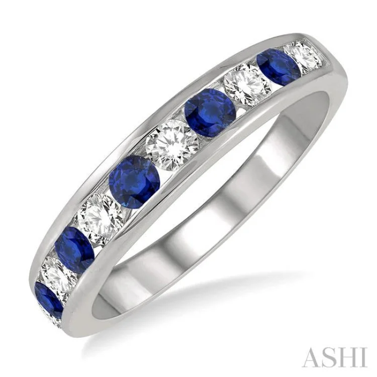 3/8 ctw Round Cut Diamond and 2.6MM Sapphire Precious Wedding Band in 14K White Gold