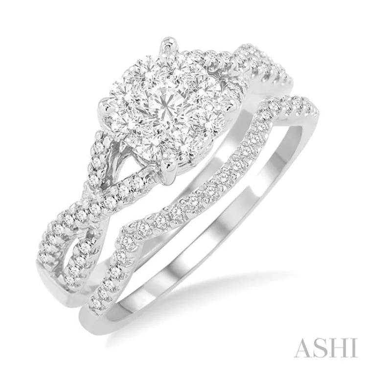 1/2 Ctw Diamond Wedding Set with 1/3 Ctw Lovebright Engagement Ring and 1/10 Ctw Wedding Band in 14K White Gold