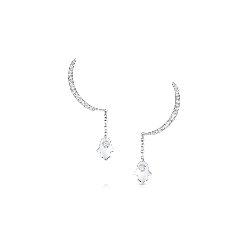 18KT WHITE GOLD DIAMOND HALF MOON HAMSA DROP EARRING