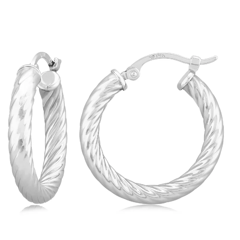 14K White Gold 3X17mm Twist Tube Hoop Earrings