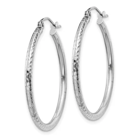 14k White Gold Diamond-cut 2mm Round Tube Hoop Earrings