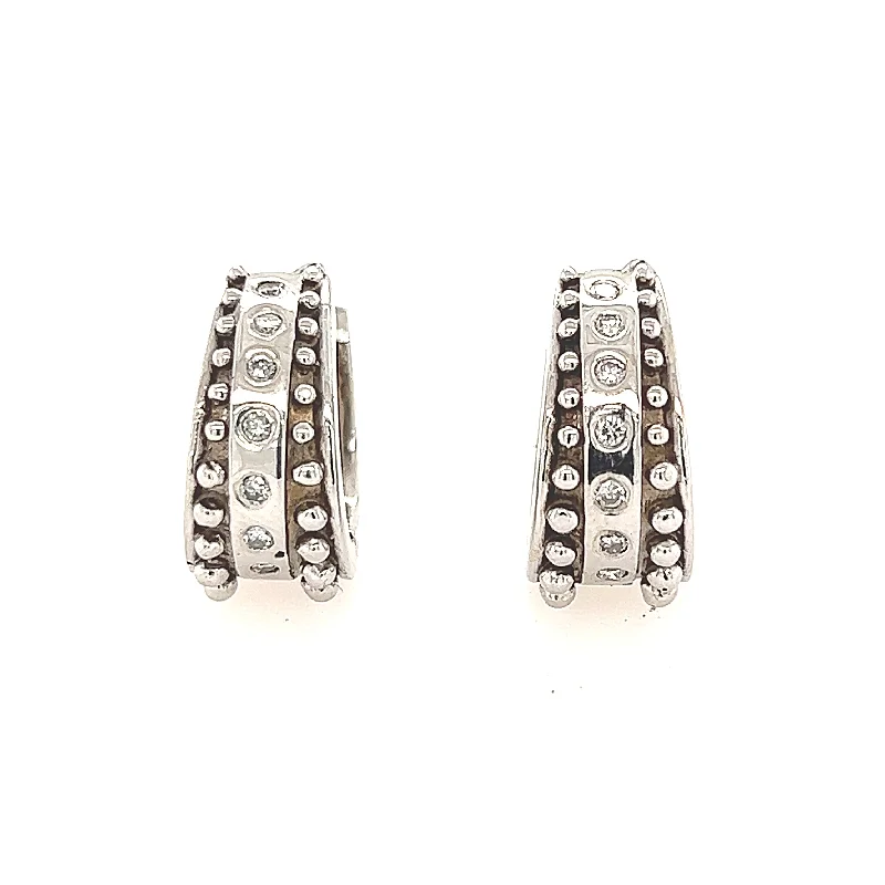 14K White Gold Fancy Beaded Diamond Huggie Hoop Earrings