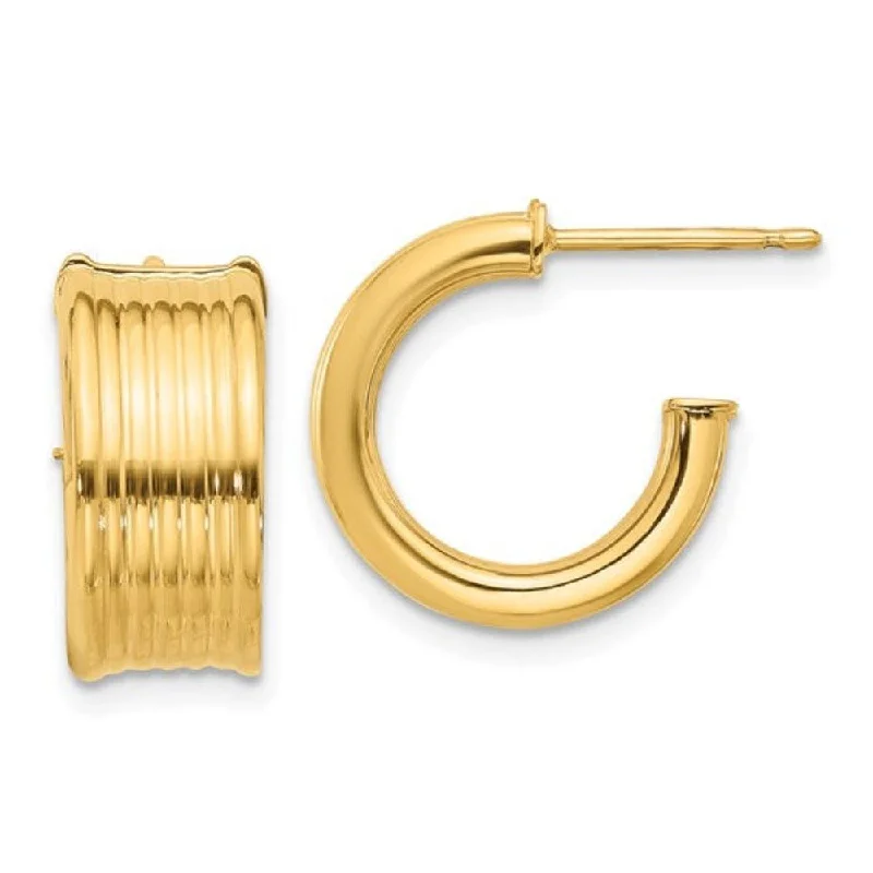 14K Y Gold  7.5mm Wide Grooved J-Hoop Post Earrings