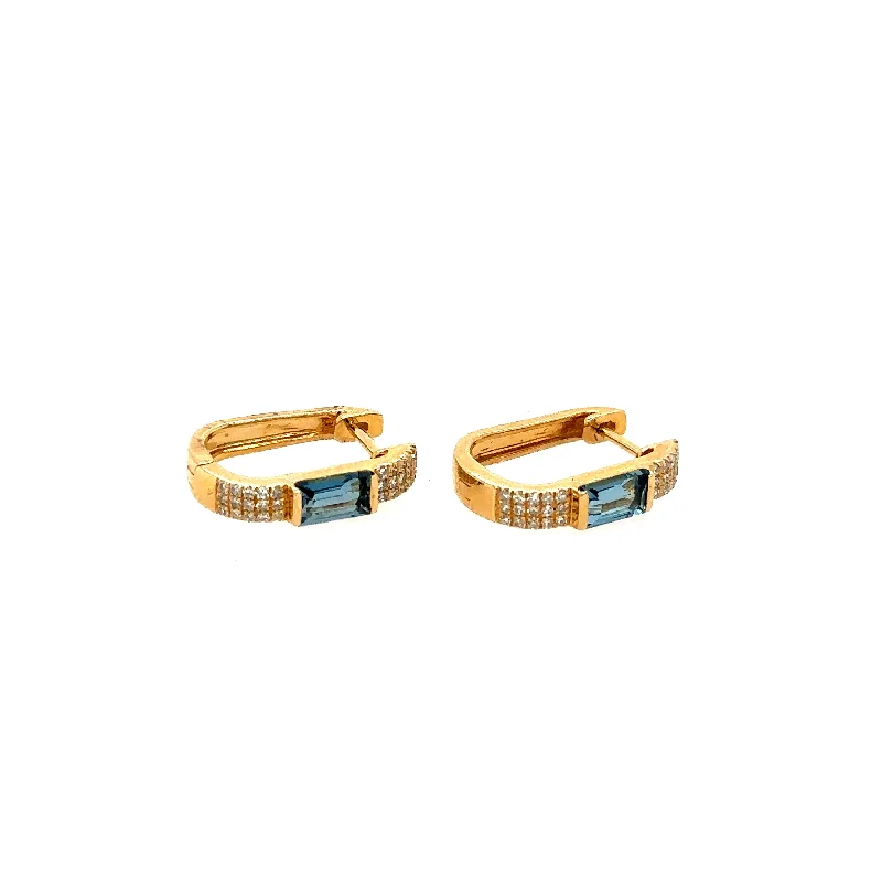 14K Yellow Gold Diamond and London Blue Topaz U-Shape Hoop Earrings