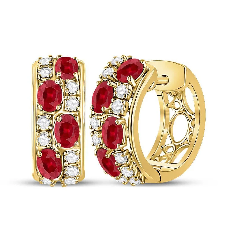 14kt Yellow Gold Womens Oval Ruby Fashion Hoop Earrings 2-1/4 Cttw