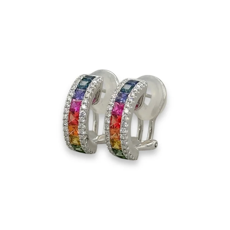 18K W Gold 1.58ctw Multicolor Sapphires and 0.34ctw G/SI1 Diamond Hoop Earrings