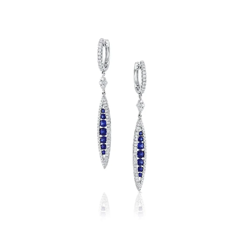 18k White Gold Diamond and Sapphire Drop Point Huggie Earrings