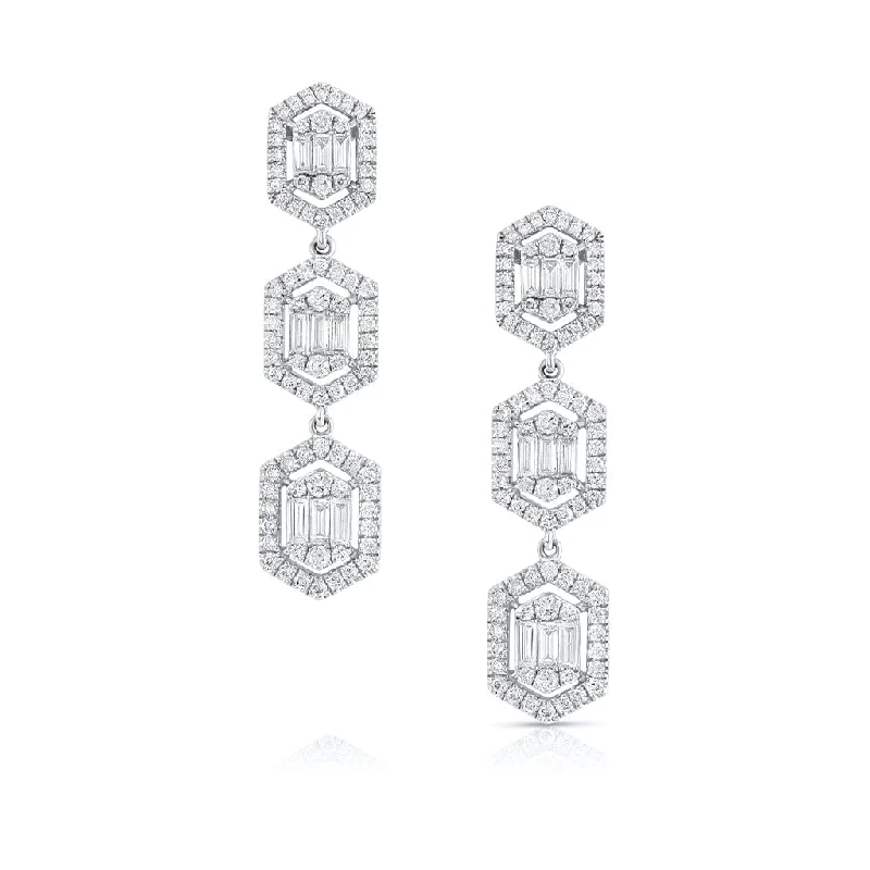 18K White Gold Diamond Cluster 3 Hexagonal Halo Drop Earrings