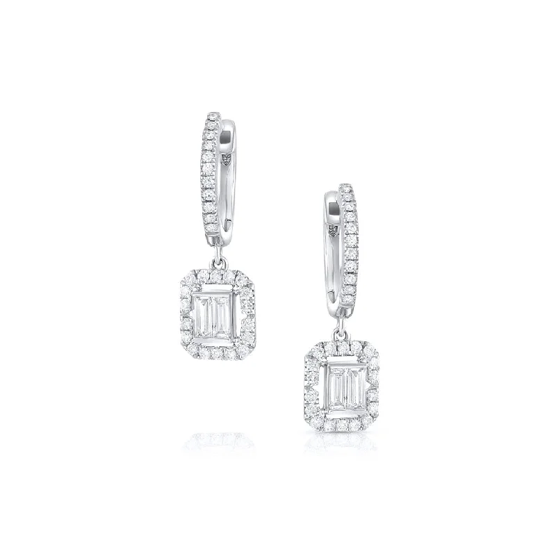 18K White Gold Diamond Huggie Rectangular Drop Earrings