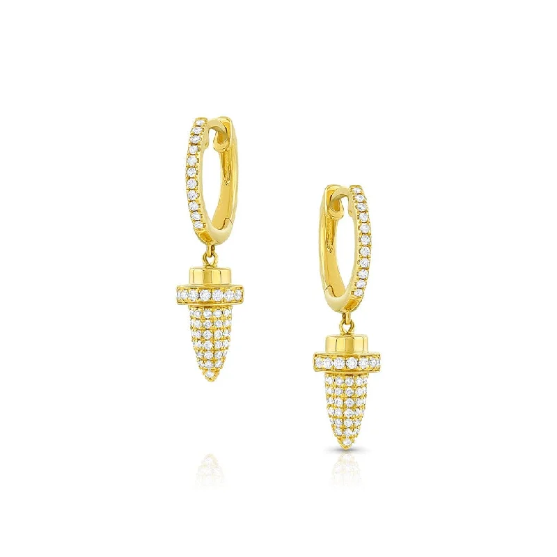 18K Yellow Gold Diamond Huggie Bullet Drop Earrings