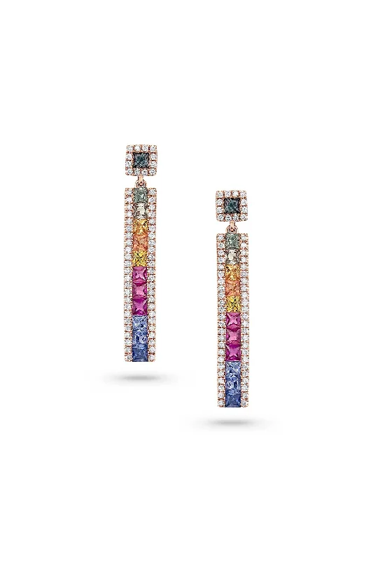 18kt Rose Gold Rainbow Sapphire Rectangular Drop Earrings