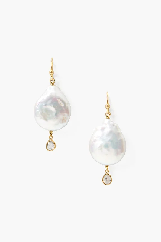 White Pearl and Diamond Teardrop Earrings