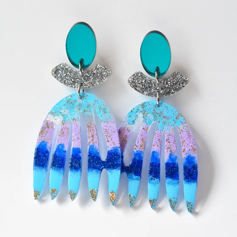 Blue Mirror Abstract Art Drop Earrings