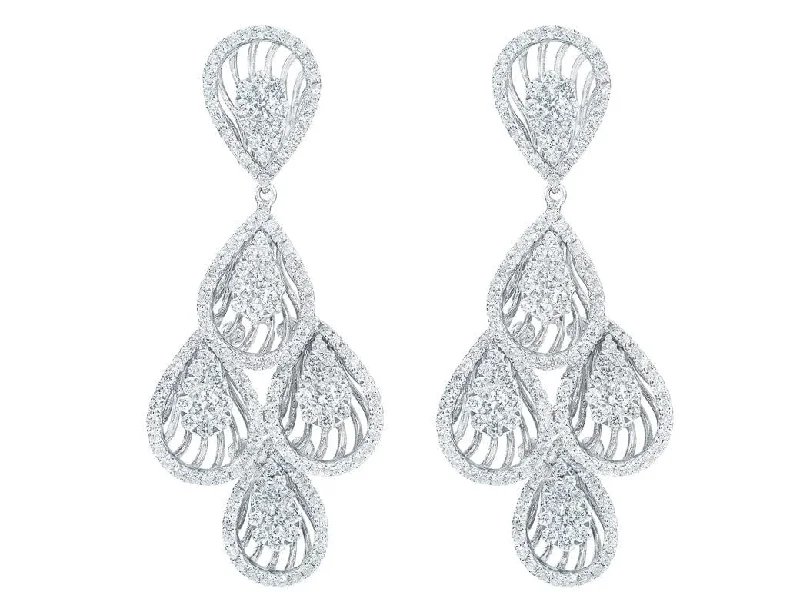 Cascading 18k White Gold Diamond Tear Drop Motif Chandelier Earrings