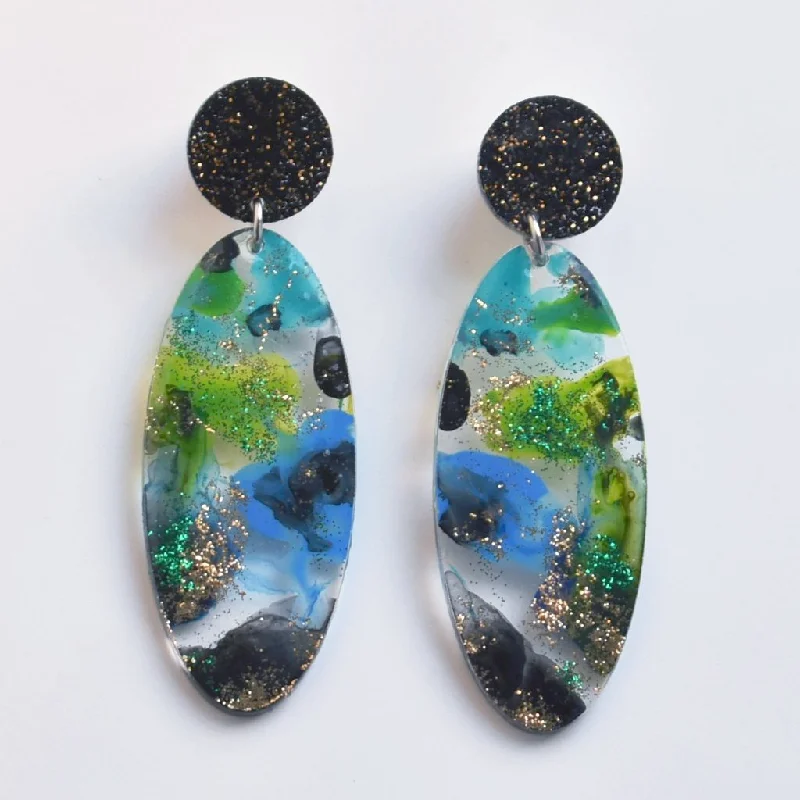 Disco Drop Post Earrings in Blue and Lime