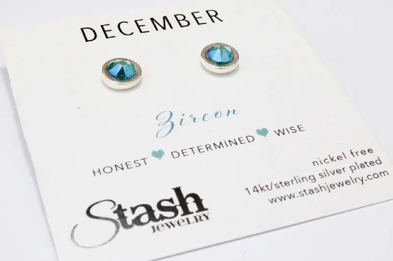 December Birthstone Blue Zircon Crystal Studs