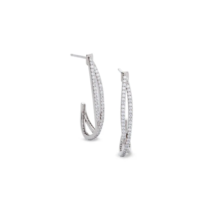 Platinum Finish Sterling Silver Micropave Criss Cross Half Hoop Earrings with 132 Simulated Diamonds