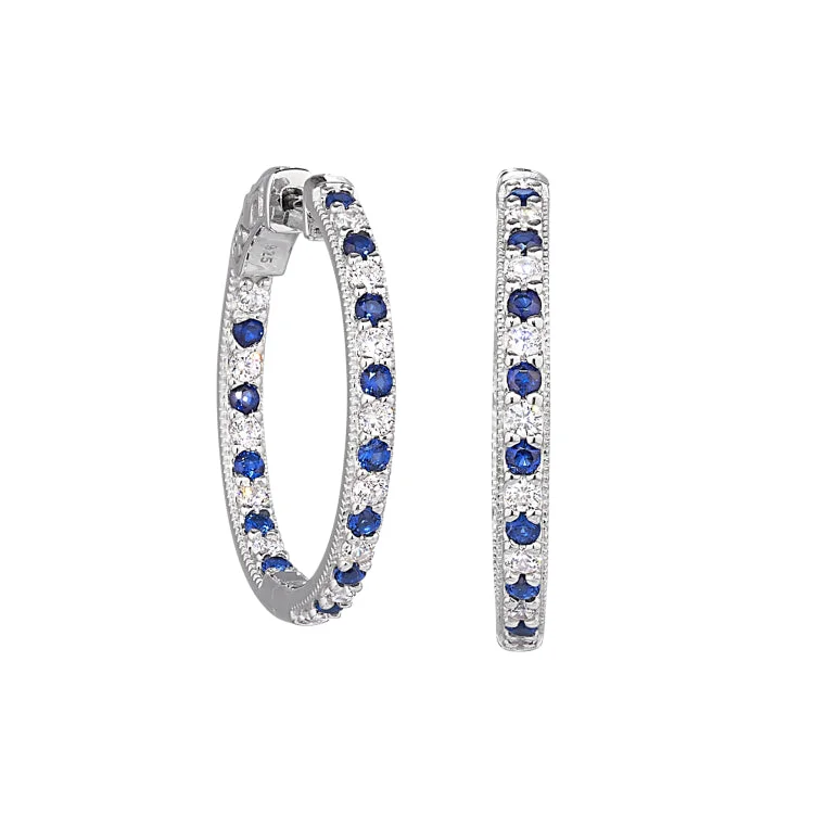 Platinum Finish Sterling Silver Micropave Hoop Earrings with Simulated Sapphires and Simulated  Diamonds