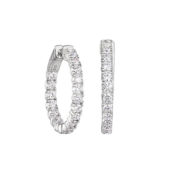 Platinum Finish Sterling Silver Micropave 2.5  Hoop Earrings with Simulated  Diamonds