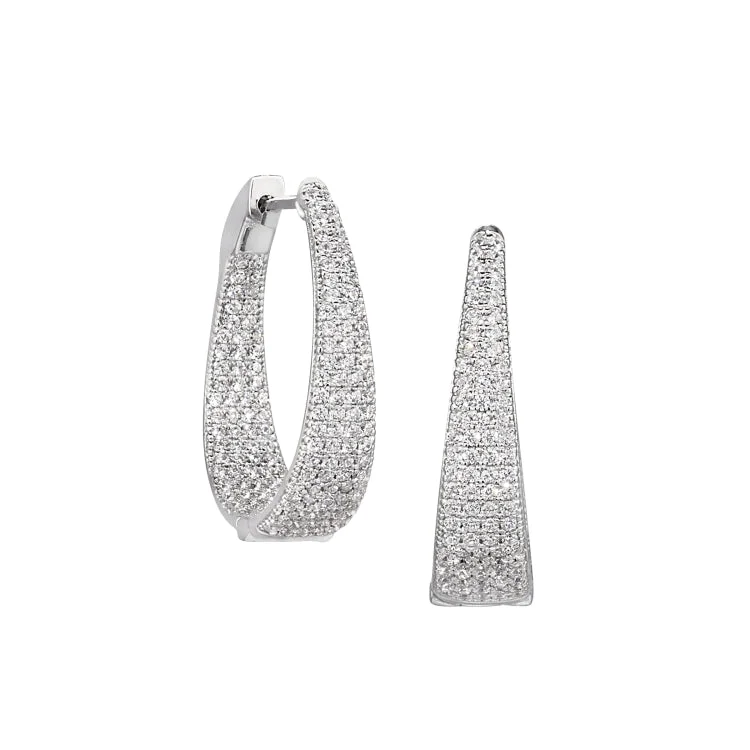 Platinum Finish Sterling Silver Micropave Hoop Earrings with Graduated Simulated Diamonds