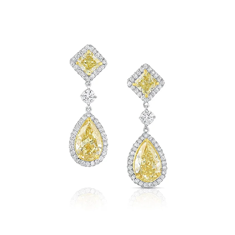 Estate Platinum Yellow Gold 12.67ctw Fancy Yellow Diamond Drop Earrings, GIA Certified