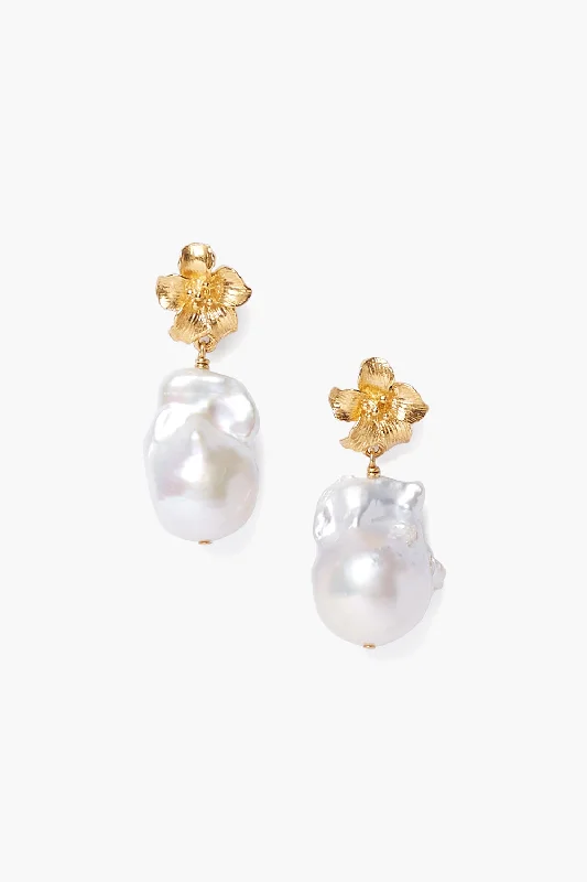 Gold Hibiscus Pearl Drop Earrings