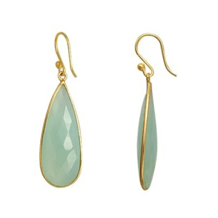 Gold Plated over Silver Bezelled Earrings Sea Green Chalcedony Teardrop 16 x 37mm