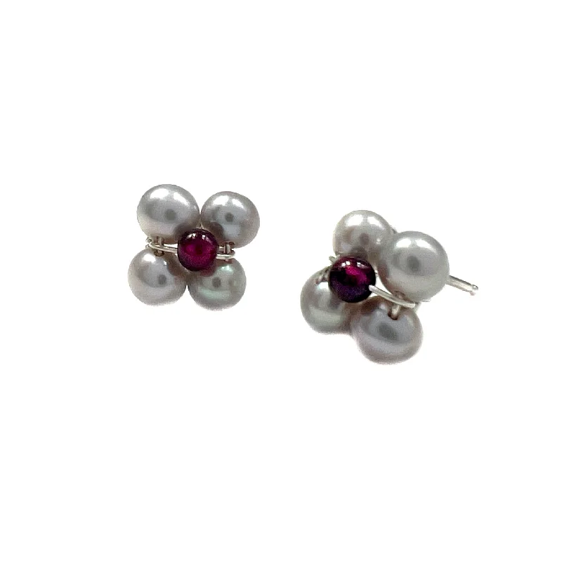 Grey Pearl Cluster Earrings with Garnet