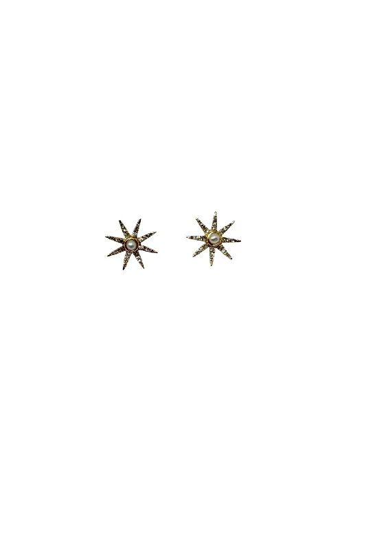 Jen Collection 14k Yellow Gold Pave Starburst Studs with Pearl Center