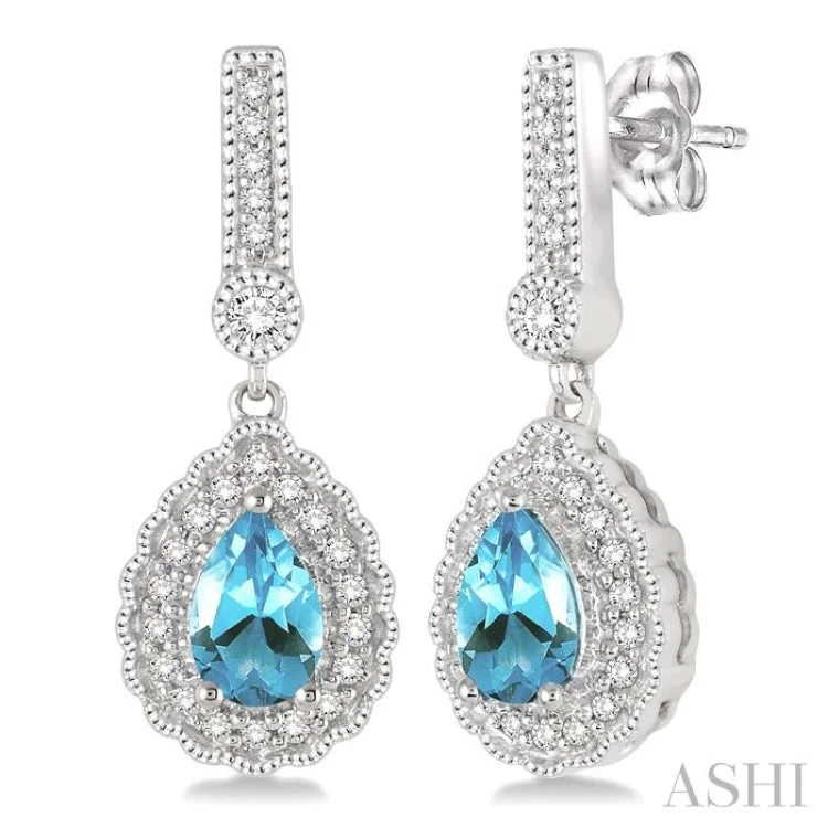 6x4 Pear Shape Aquamarine and 1/4 Ctw Round Cut Diamond Earrings in 14K White Gold