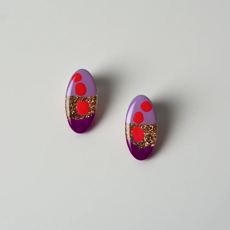 Pink and Purple Glitter Abstract Art Oval Studs