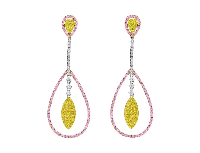 18k Gold Pink, Yellow and White Diamond Pear Shaped Drop Earrings