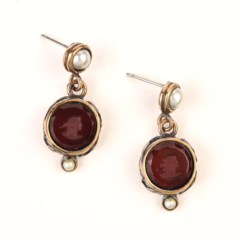 Ruby Glass Intaglio Earrings with Pearls