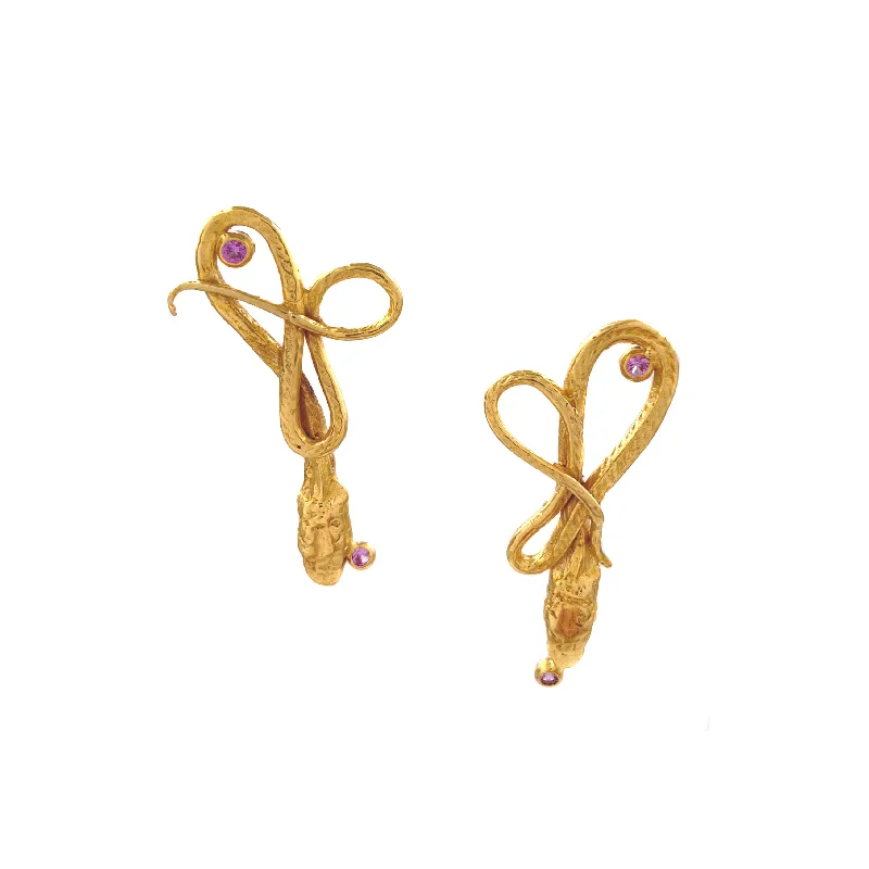 Serpentine Earrings, Small Gold, Pink Tourmaline