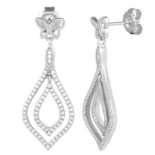 Sterling Silver Butterfly Drop CZ Dangle Earrings