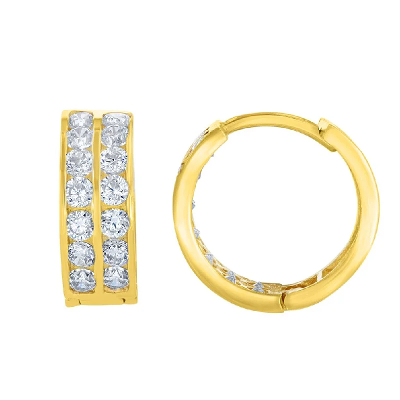 Solid 14K Yellow Gold 5mm Double Row Huggie Hoop Earrings with Cubic Zirconia