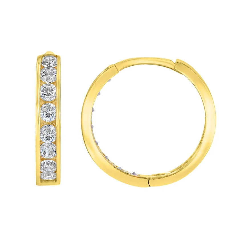 Solid 14K Yellow Gold CZ Studded Hoop Simple Huggie Earrings, 2.5mm