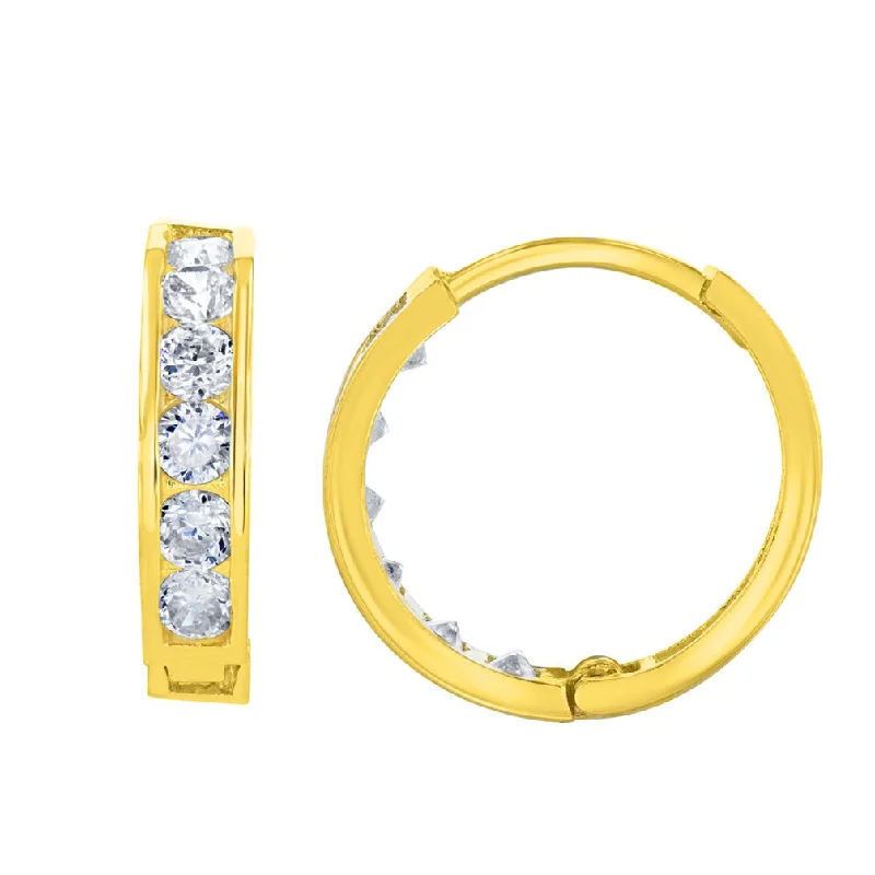 Solid 14K Yellow Gold CZ Studded Hoop Simple Huggie Earrings, 3mm