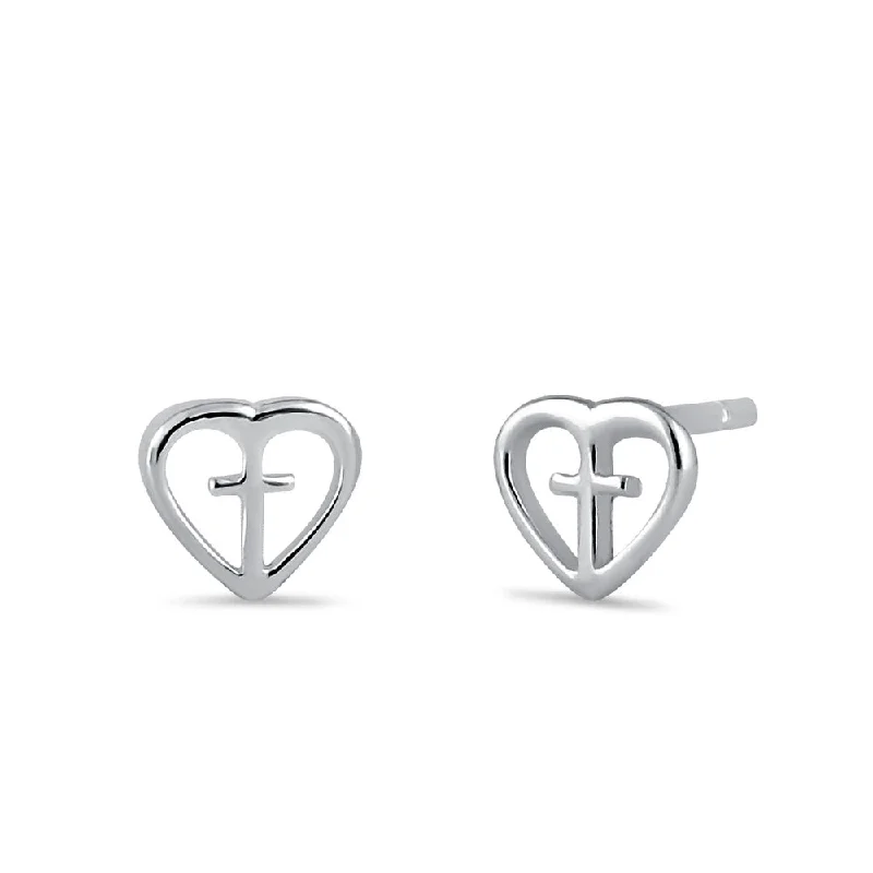 Sterling Silver Cross in Heart Stud Earrings