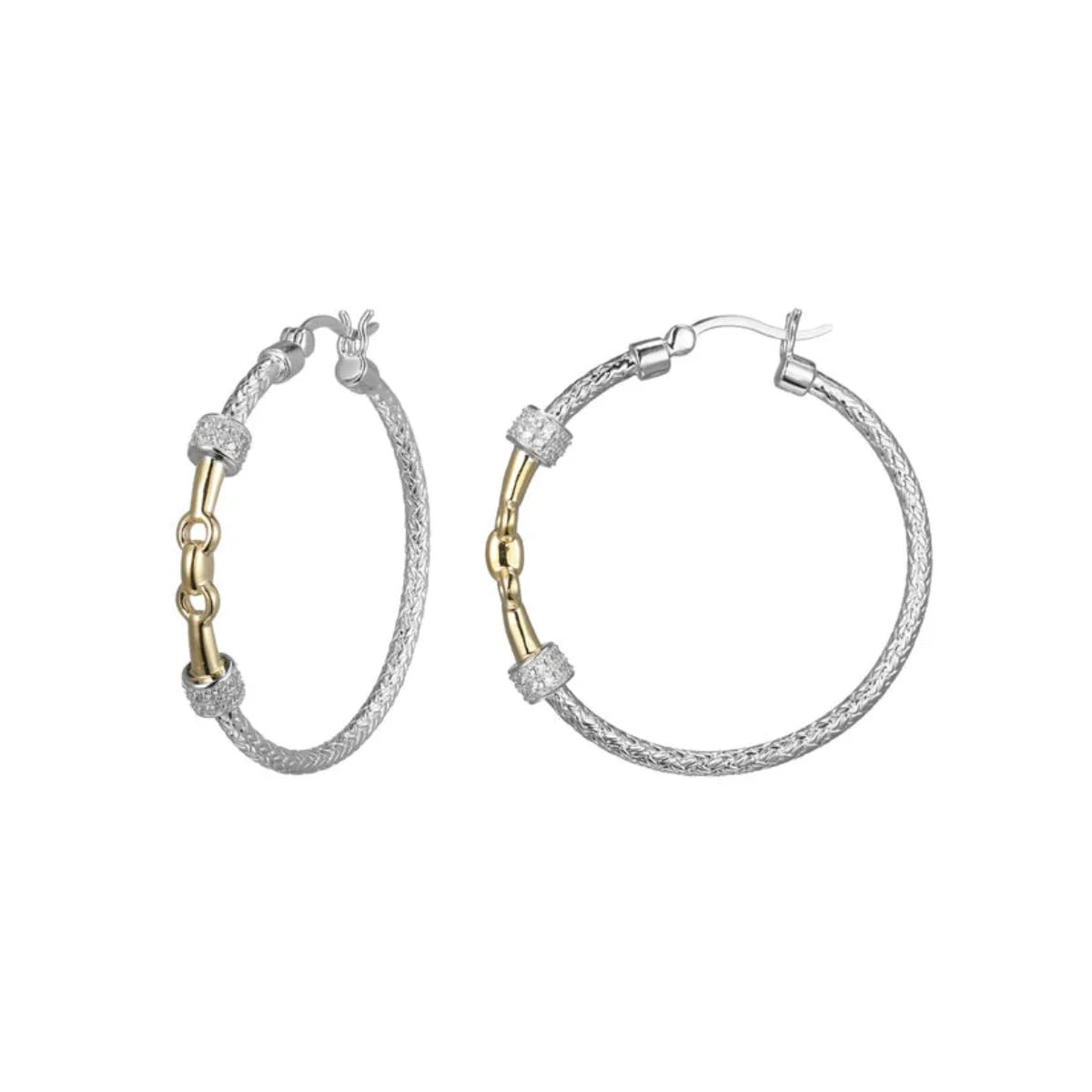 SS Two-Tone CZ 35mm Mesh Link Hoop Earrings