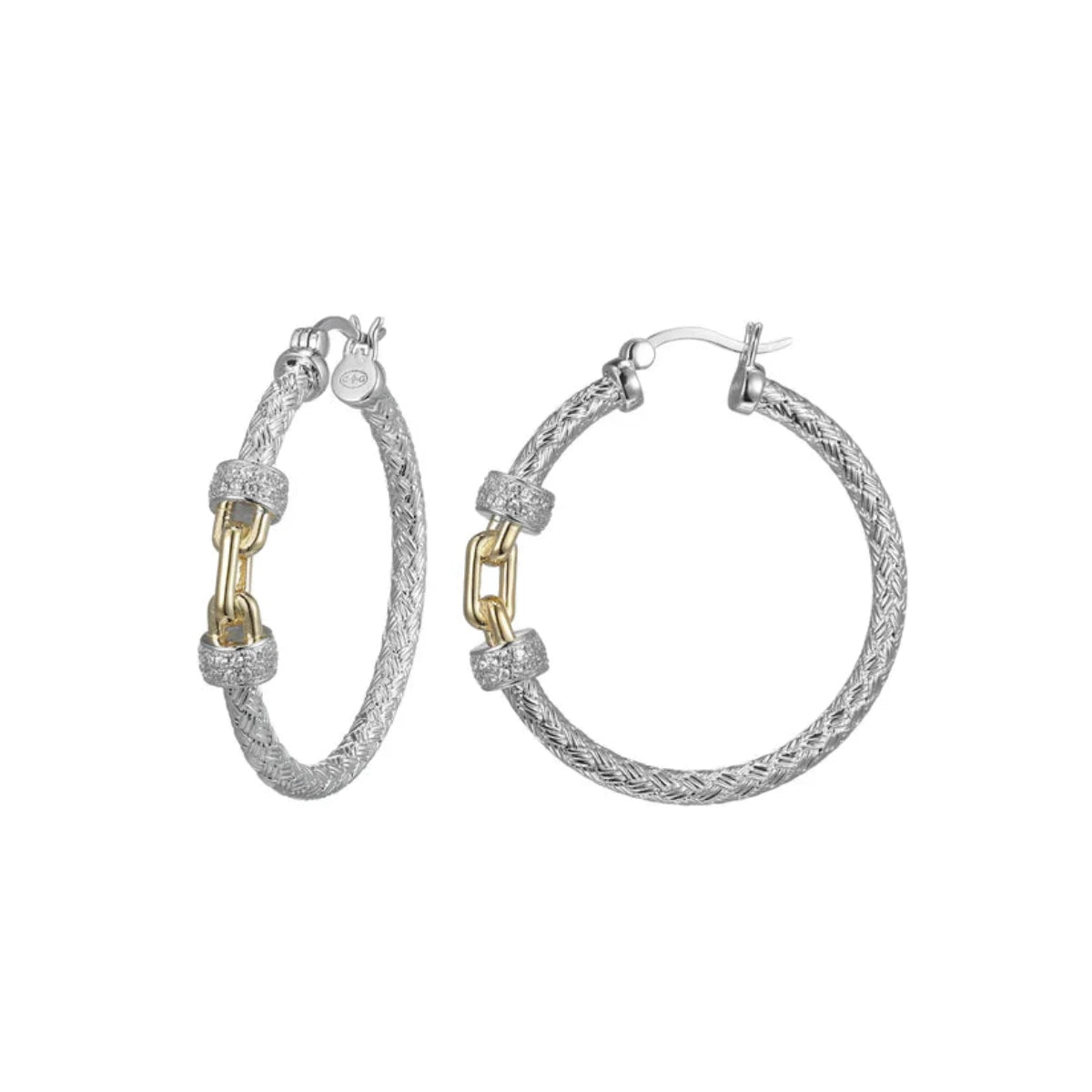 SS Two-Tone CZ Link Hoop Earrings