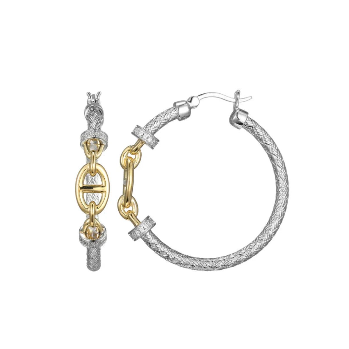 SS Two-Tone CZ Mesh and Mariner Link Hoop Earrings