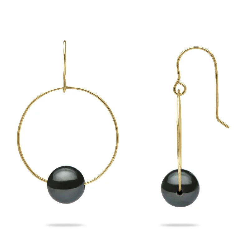 Tahitian Black Pearl Hoop Earrings in Gold - 9-10mm