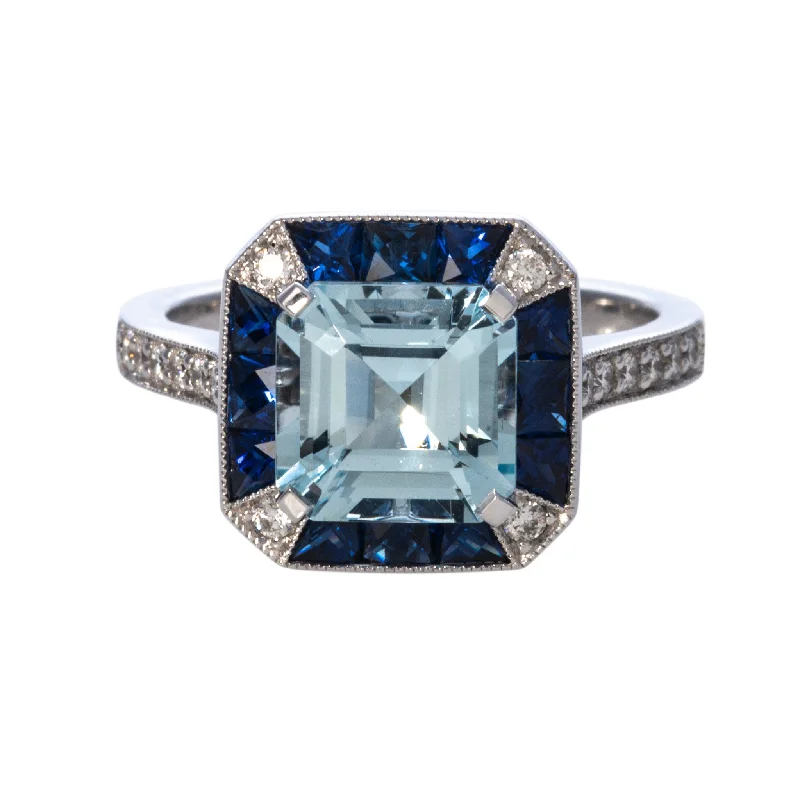 Aquamarine, Sapphire & Diamond 18K White Gold Ring