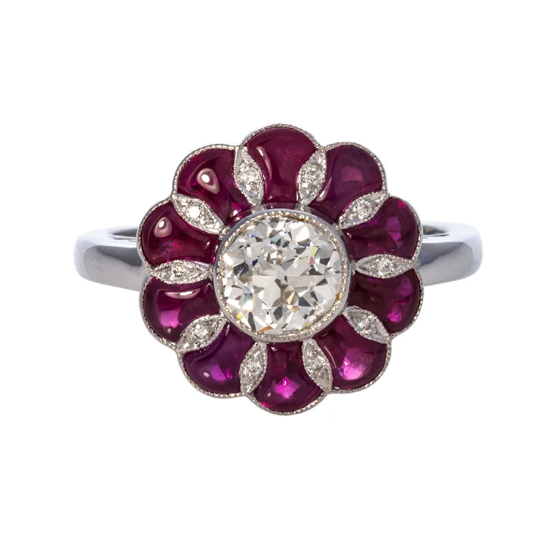 Art Deco .93ct Old European Diamond & Cabochon Ruby 18K Gold Ring