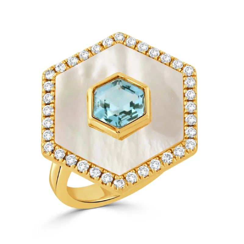 Blue Topaz, Mother of Pearl & Diamond Hexagon 18K Gold Ring