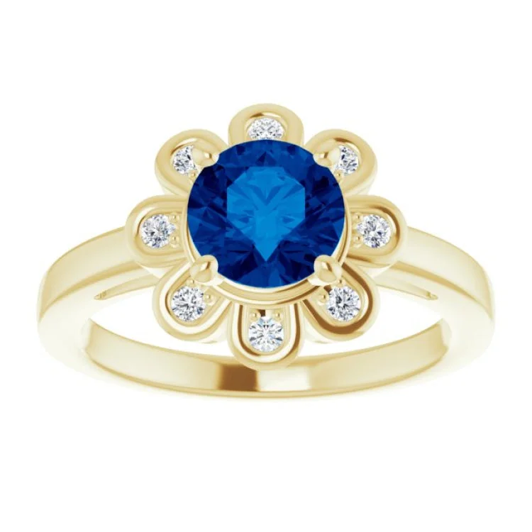 14K Yellow Lab-Grown Blue Sapphire & 1/8 CTW Natural Diamond Ring