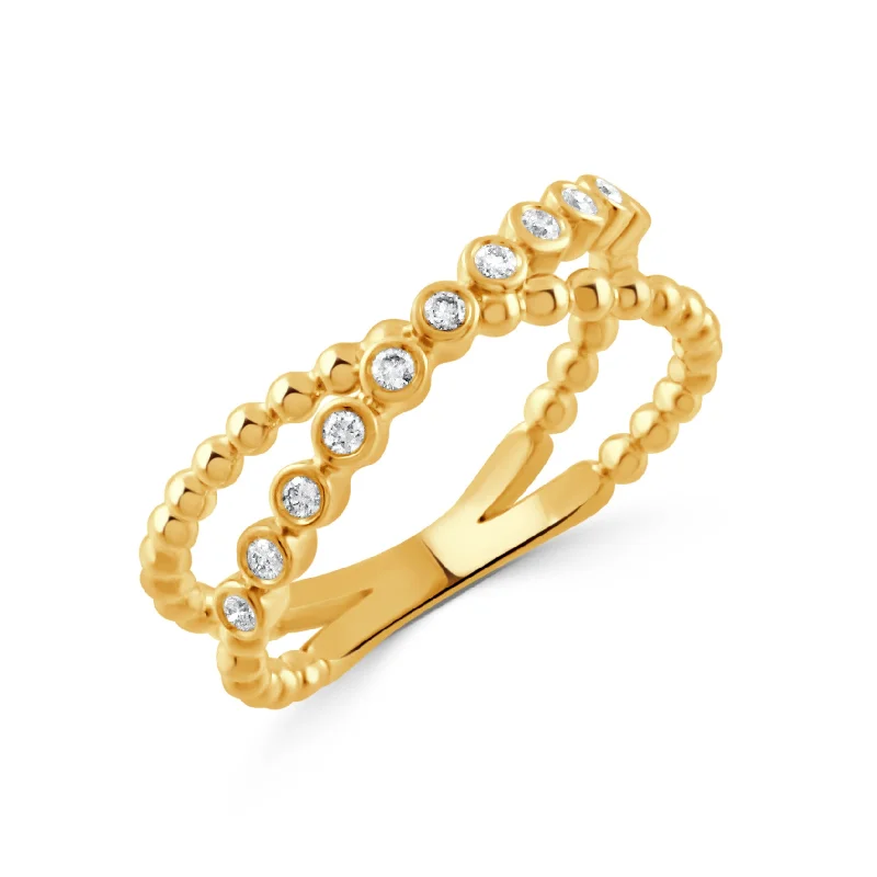 Diamond Bezel 18K Yellow Gold Beaded Crossover Ring